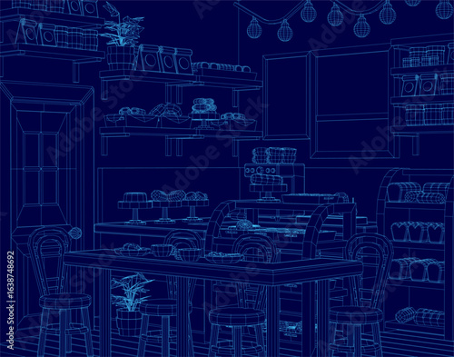 Restaurant interior blueprint features a table with chairs, flower pot, and various objects, set against a deep blue background. The wireframe design creates a cozy cafe atmosphere with clean lines.