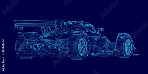 Blueprint of a race car with detailed wireframe design on a dark blue background, showcasing aerodynamic curves and technical specifications. The sporty vehicle features precise engineering elements.