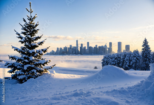 city skyline over snowy lan...