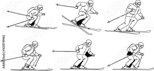 Skier line artwork vector set; a holiday vacation symbol, nature outline icon design illustration