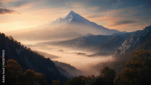 Golden Light on a Majestic Peak Above a Serene, Mist-Filled Valley