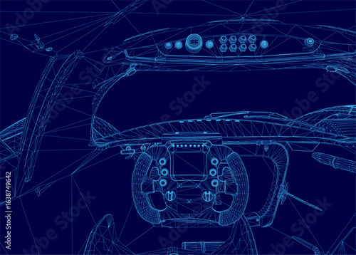 A sleek car blueprint on a blue background displays a detailed wireframe cockpit, aerodynamic contours, and intricate technical schematics resembling high-performance engineering.
