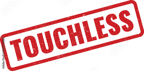Red rubber stamp with the word touchless angled on a plain surface