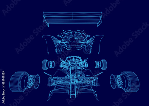 A detailed blueprint of a car showcases the intricate chassis design on a blue background. The wireframe highlights aerodynamic elements and technical specifications. Perfect for automotive.