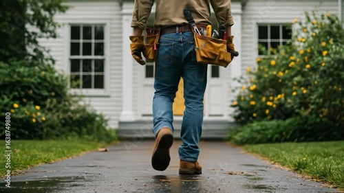 Handyman walking away from house with tools on a wet path in overcast day