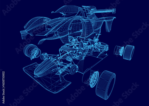 A detailed 3D blueprint of a car with wireframe design, set against a vibrant blue background. The technical illustration highlights the car's aerodynamic structure and sporty appeal.