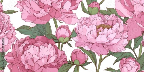 Fototapeta Naklejka Na Ścianę i Meble -  Delicate pink peonies in a seamless pattern.  Detailed line art and soft color palette