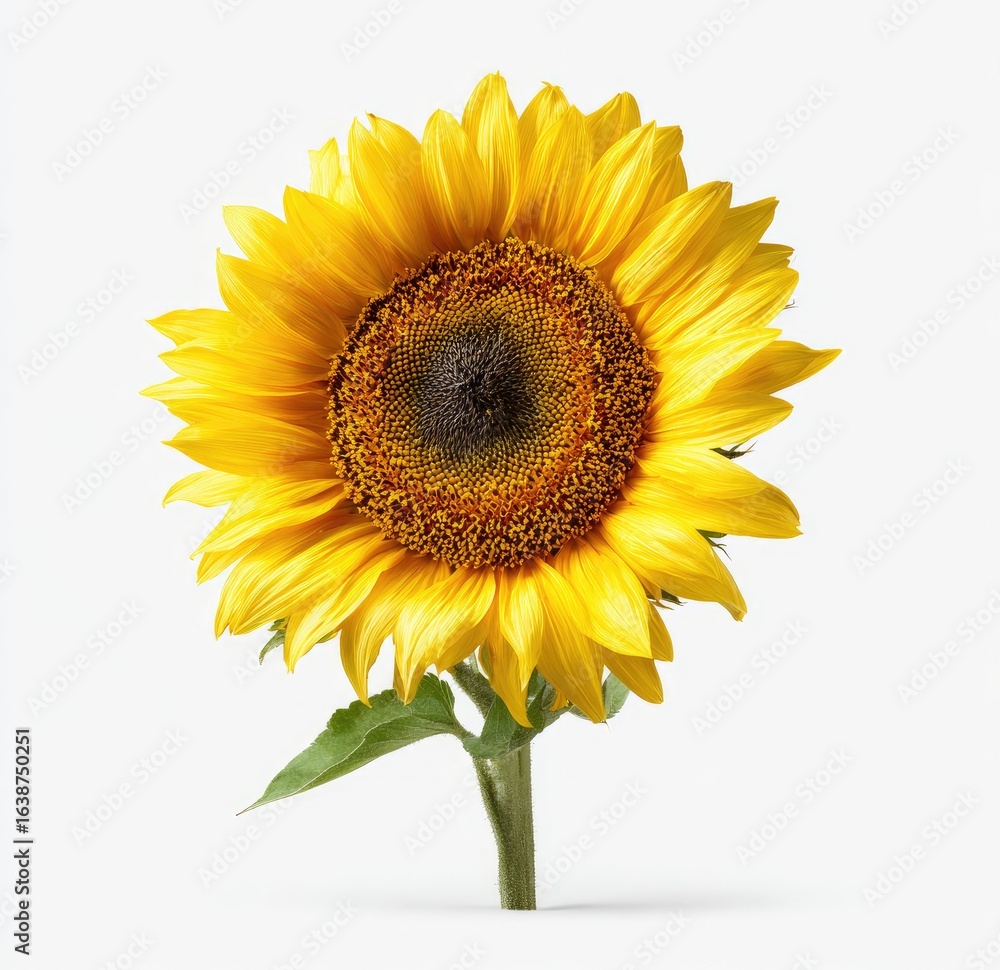 Fototapeta premium Close-up of a vibrant sunflower against a white background. The flower's bright yellow petals radiate outward from a dark brown center. Green leaves emerge from the stem
