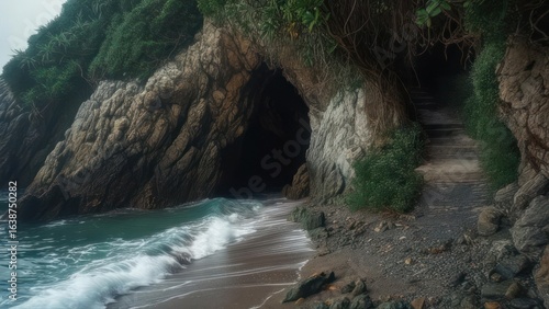 Mysterious Sea Cave Entrance with Turquoise Waves and Hidden Coastal Path on Rocky Beach
