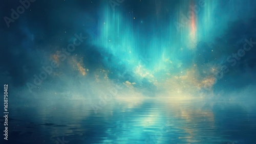 Ethereal Aurora Borealis Shimmering Over Calm, Reflective Water Under Starry Night Sky