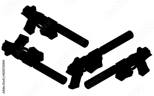 Black and white silhouette of four guns arranged in a line on a clean white background. The largest pistol with a silencer is centered, flanked by two smaller firearms on each side.