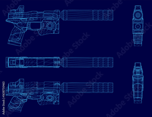 A detailed pistol blueprint with silencer on a blue background features intricate wireframe lines and precise technical markings. The design showcases realistic proportions and mechanical components.