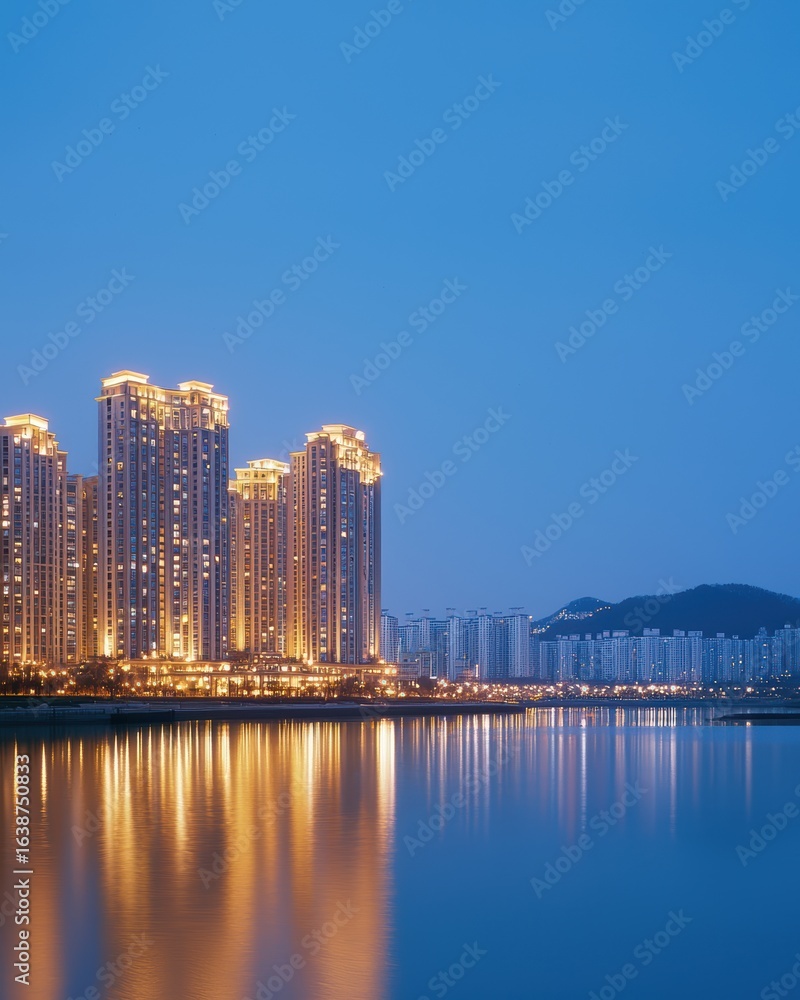 Obraz premium Illuminated cityscape at dusk reflecting on calm water.