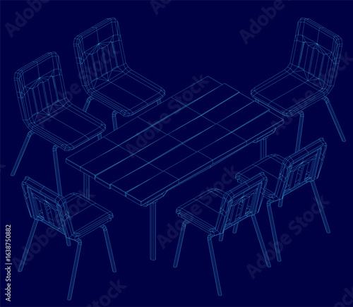 A rectangular dining table with four chairs features a wireframe blueprint design on a blue background. The chairs have curved backrests and armrests, while the table displays a smooth surface.