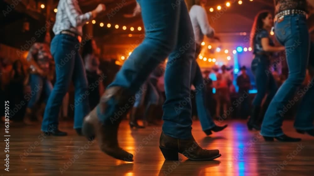Line dancing in cowboy boots and jeans on wood floor with warm ambient lights