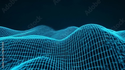 Abstract Blue Grid Landscape With Waves and Dark Background Depicting Technology and Data