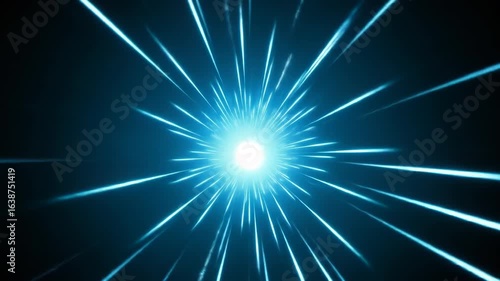 Abstract Blue Light Streaks Converging Toward Bright Center on Dark Background