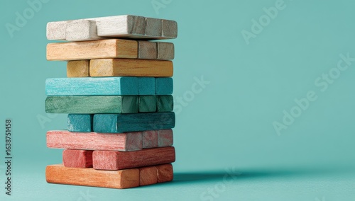 A stack of colorful wooden blocks,  precariously balanced on a teal background