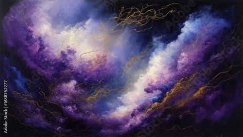 Vibrant Abstract Nebula: Swirling Purple, Blue, and White Clouds Intertwined with Glowing Golden Energy Tendrils, Ethereal Cosmic Art