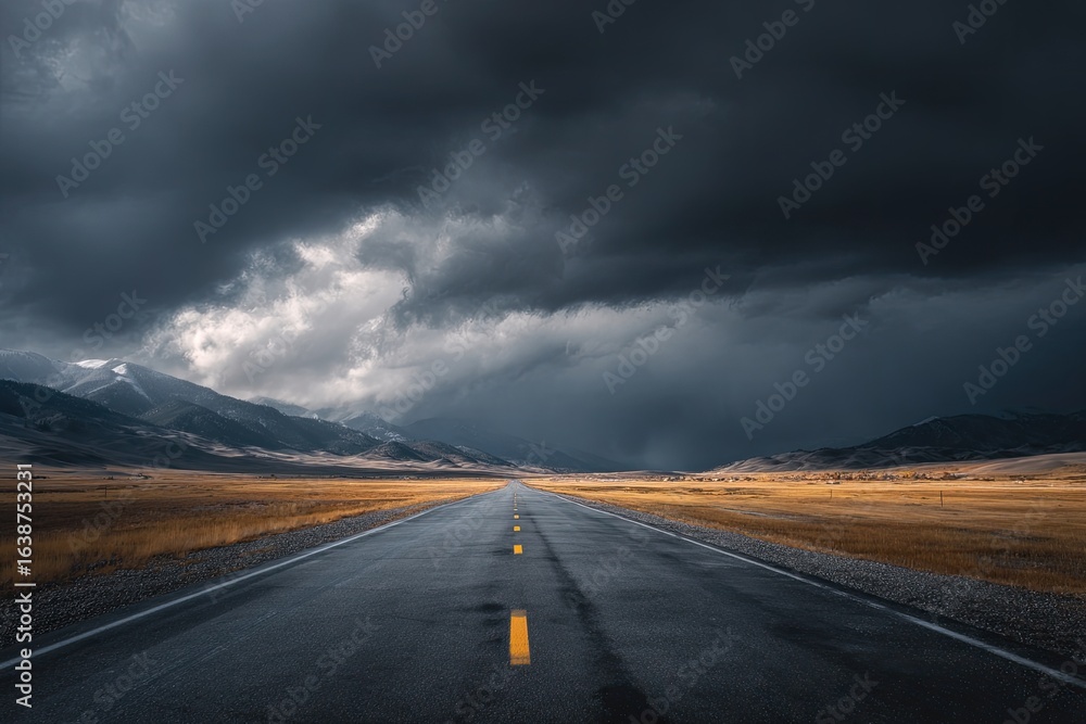 Naklejka premium Empty road stretches into a dramatic storm-cloud-filled sky over a vast, golden-toned landscape