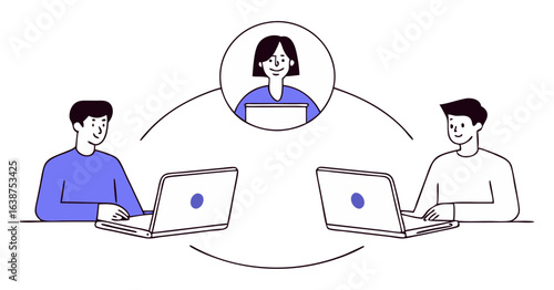 Three people connect remotely—two on laptops and one in a circular frame, symbolizing a video call for seamless collaboration and information exchange.