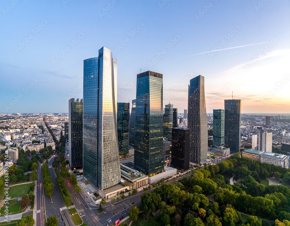 Obraz premium High-angle view of modern city skyscrapers and parkland.