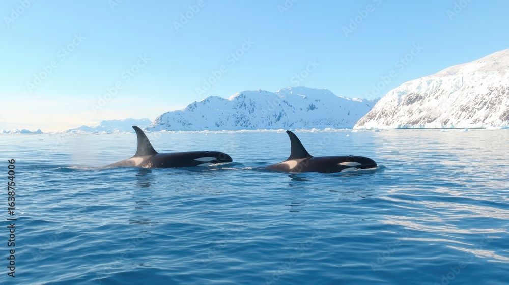 Fototapeta premium Orcas in antarctic waters majestic mountain backdrop.