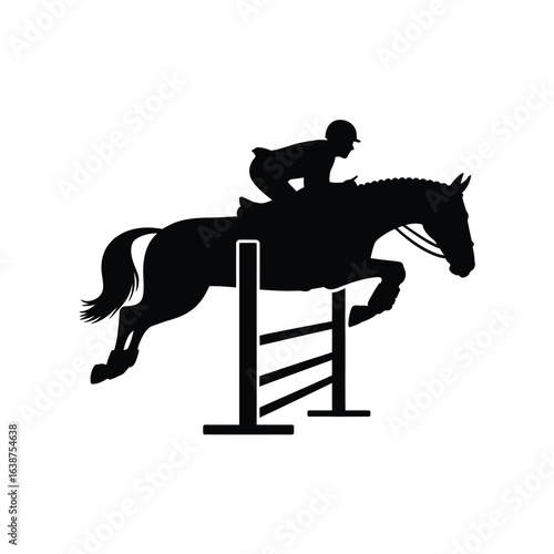 Silhouette of a horse and rider jumping over an obstacle