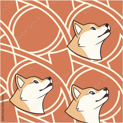 Minimal shiba inu faces in repeating grid, warm terracotta background, Japanese modern style, vector
