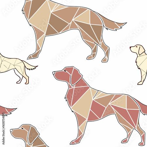 Seamless pattern of geometric golden retrievers silhouettes, muted earth tones, mid-century modern style, vector illustration
