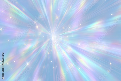 Light rays burst outward from a central point, radiating pastel colors, with glittering specks