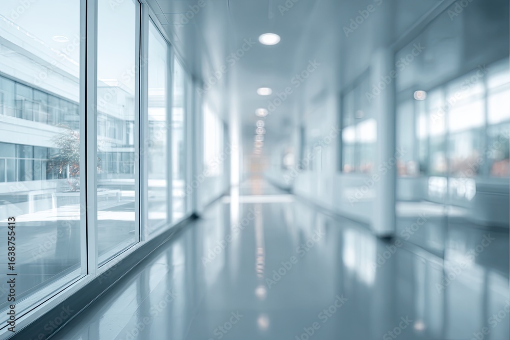 Fototapeta premium Blurry view of a long, sterile hallway with large windows