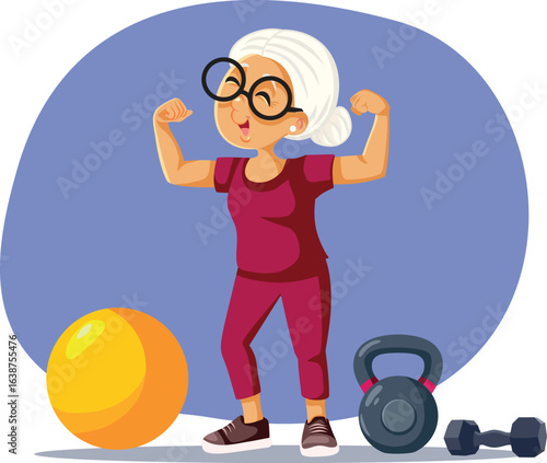 Sporty Granny Doing Weight Training Exercises Vector Cartoon. Happy cheerful senior woman flexing her muscles 
