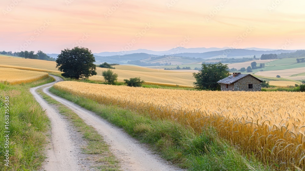 Fototapeta premium Serene countryside cottage at sunset.