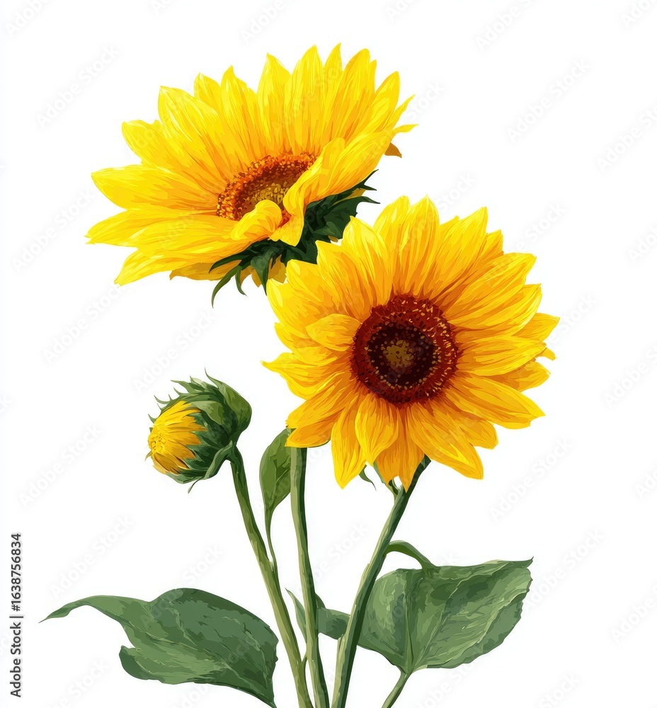 Naklejka premium Three vibrant sunflowers and buds, detailed botanical illustration