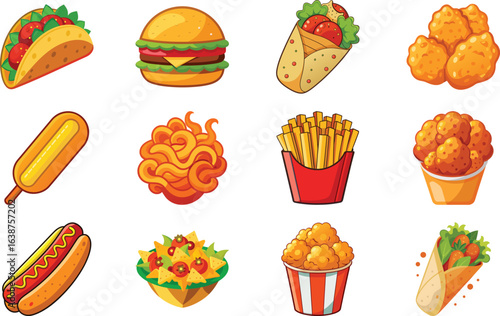 Cartoon illustration of delicious fast food meals including burgers tacos and fried chicken