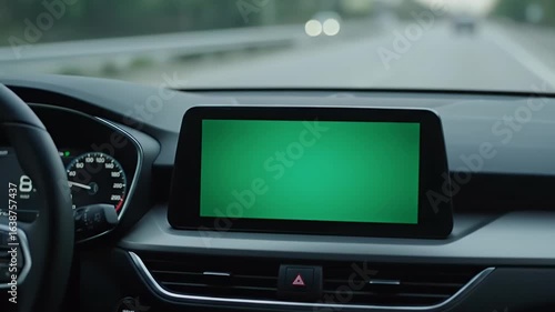 In-car view of a modern vehicle driving on a highway, featuring a central dashboard console with a green screen display for mock-up content.