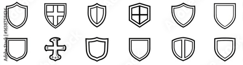 Collection of outlined shield shapes with various designs