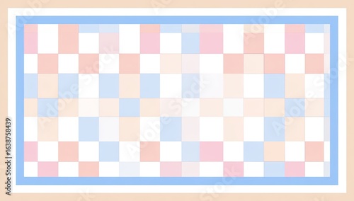 Pastel-toned checkerboard pattern with soft colors.  Framed in light blue and beige