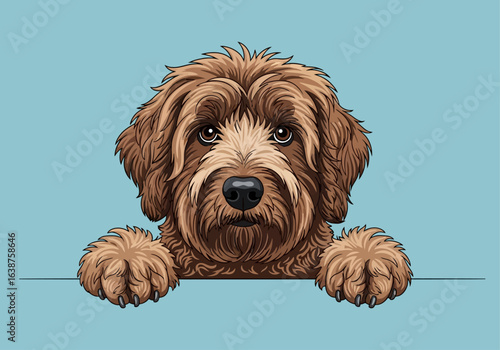 Illustration of a cute brown dog with paws over a ledge.