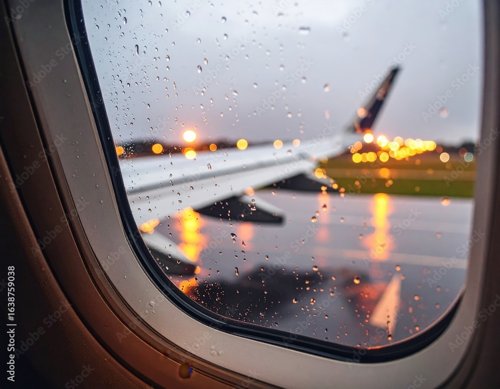 Obraz premium Rainy Night View From Airplane Window