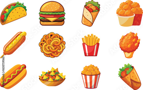Colorful cartoon illustrations of popular american fast food menu items in a group