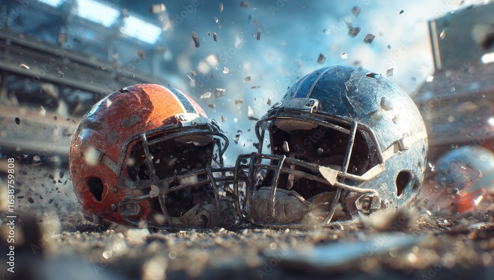 Fototapeta premium Two battered football helmets collide amidst debris and dust, a gritty, dramatic scene