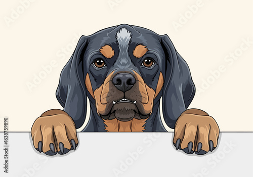 Cartoon illustration of a cute dog with black and tan fur peeking over a white ledge, looking directly at the viewer.