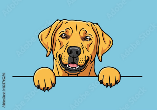 Cartoon illustration of a happy golden Labrador Retriever dog peering over a ledge, smiling with its tongue visible, set against a light blue background.