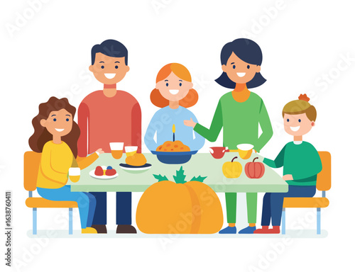 Thanksgiving Family Gathering at Dinner Table Vector Illustration for Clipart