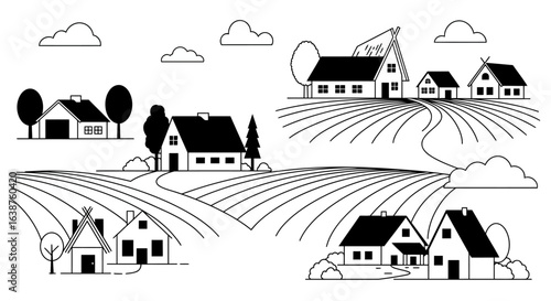 Charming rural village scene with cozy houses, fluffy clouds, and open fields, blending minimal design with a serene countryside atmosphere.