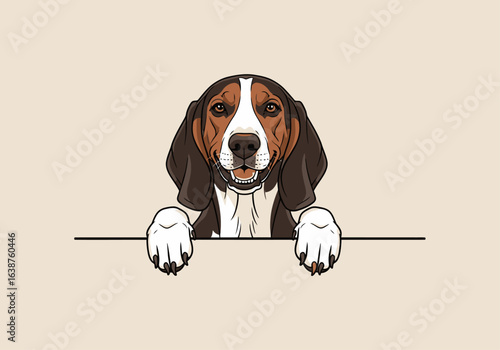 A cartoon illustration of a beagle dog's head and paws peeking over a horizontal line, set against a light beige background, showcasing a friendly expression.