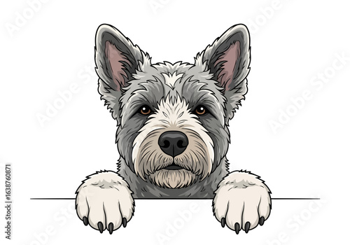 A charming, detailed illustration of a dog peering over a white surface, showcasing its expressive face.