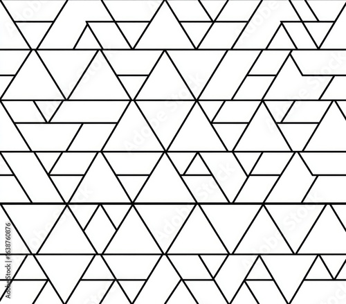 Abstract geometric pattern of interlocking triangles.  Black lines form a repeating, complex tessellation of triangles